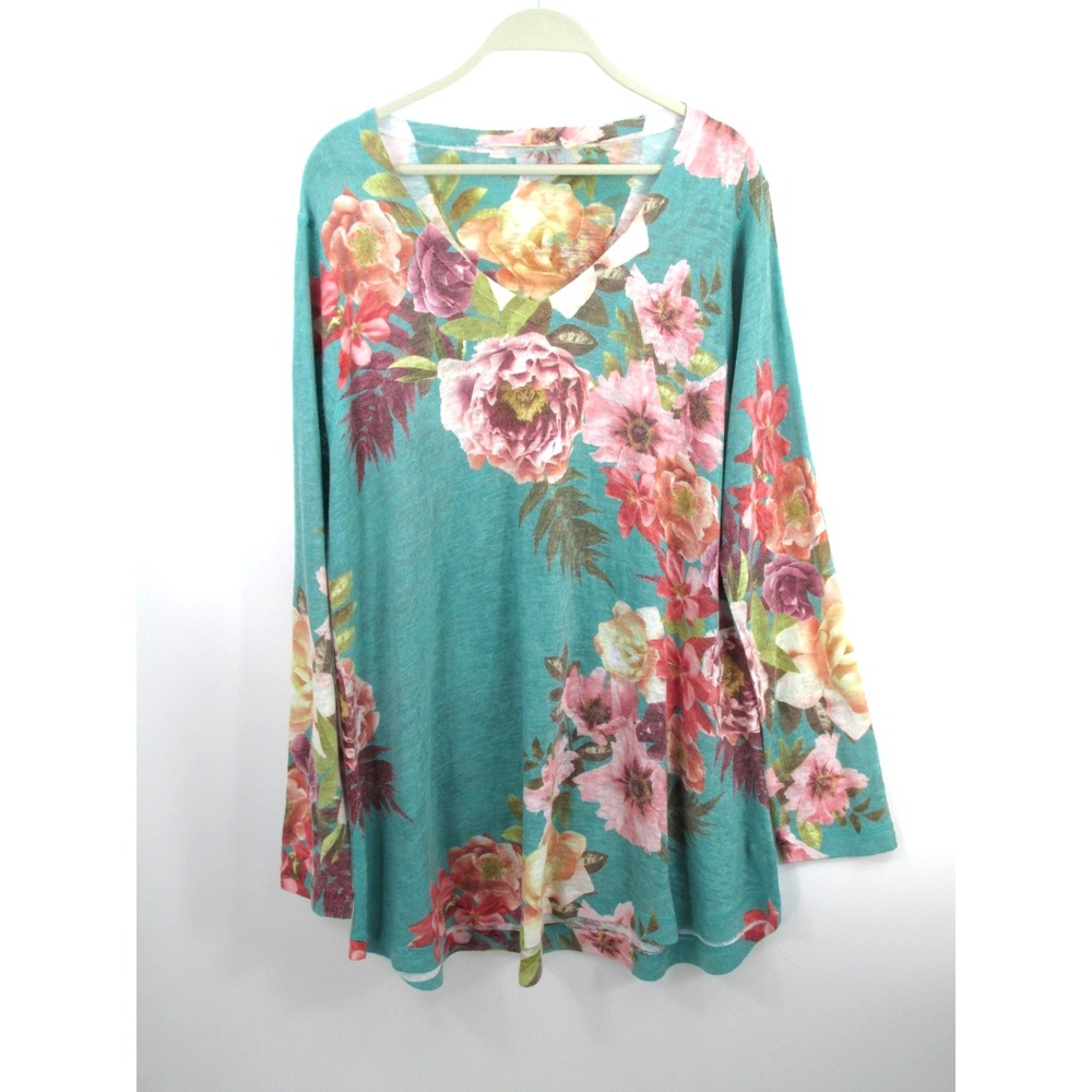 SOFT SURROUNDINGS Pullover Light Knit Tunic Sweater Women XL Turquoise Floral